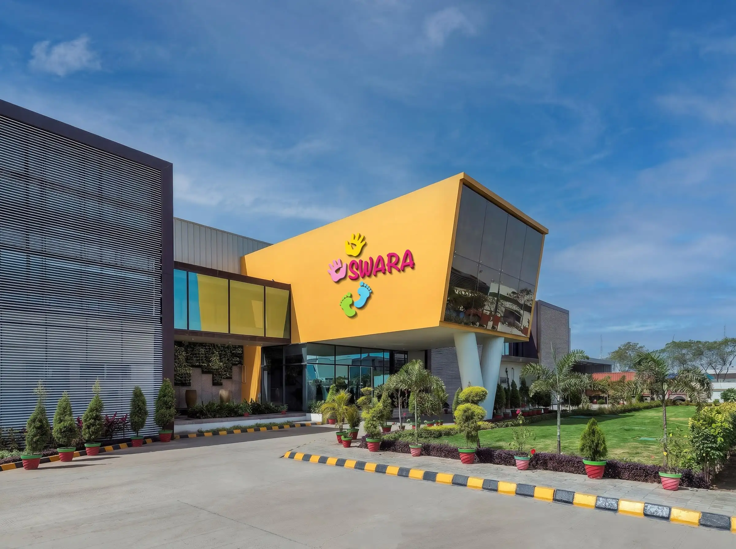 Exterior of the Swara Baby Group corporate office with branded signage