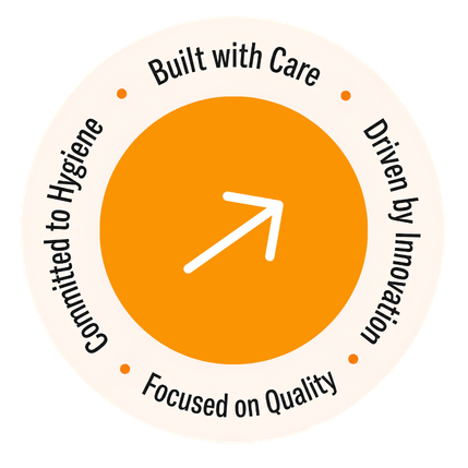 Circular Swara Baby Group Built with Care badge with a white arrow, used across the product pages