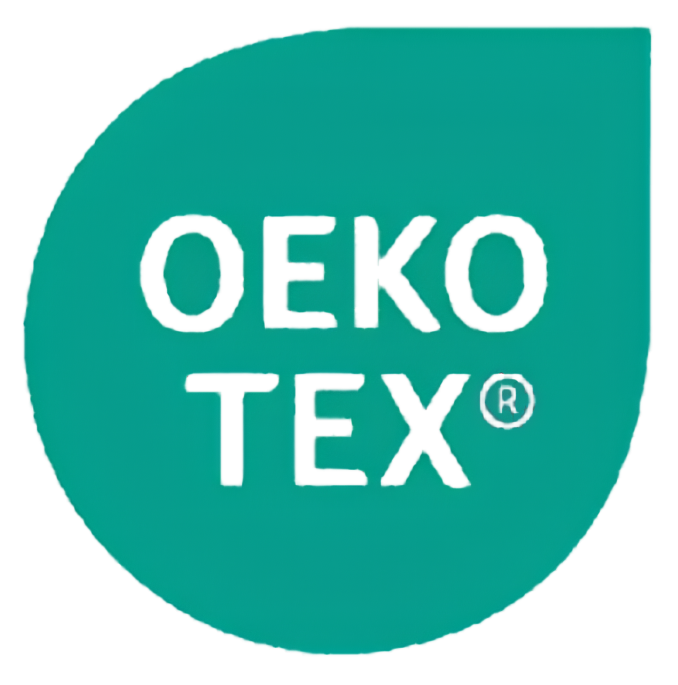 OEKO-TEX certification logo on a teal background