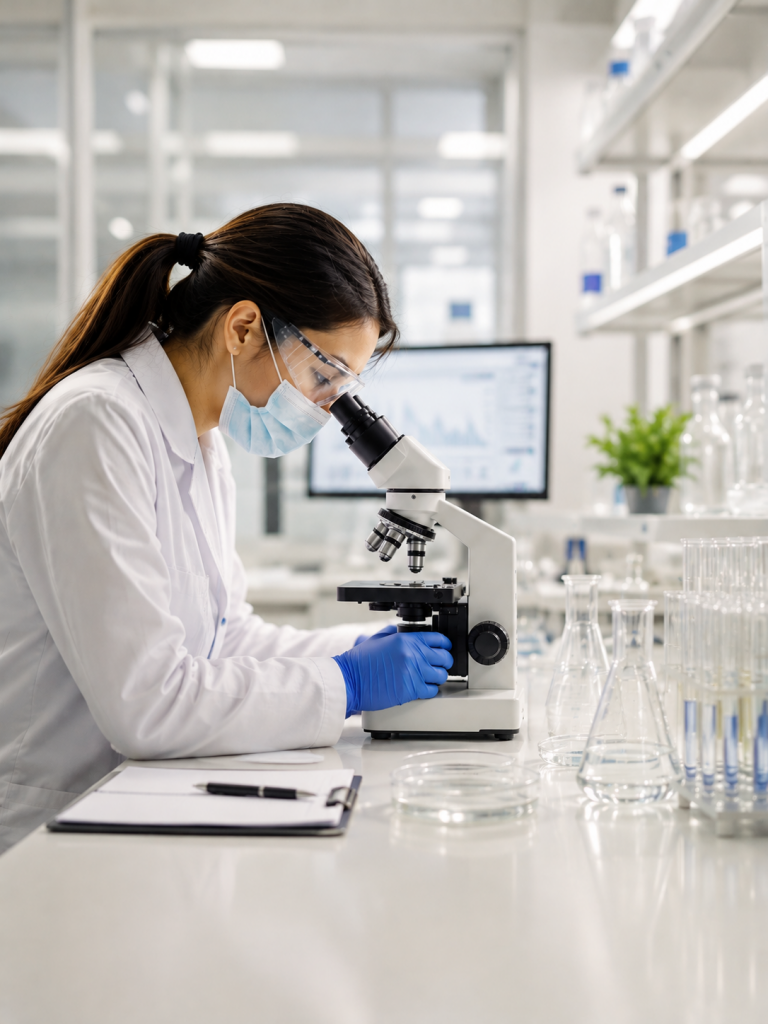 Swara Baby Group laboratory analyst examining a raw material sample under a microscope
