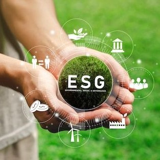 Hands holding a glass globe marked ESG surrounded by sustainability icons