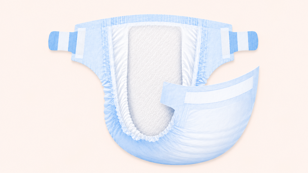 Baby tape style diaper shown open, manufactured by Swara Baby Group